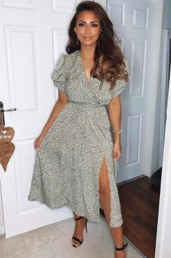 Olive Printed Tie Waist Midi Dress