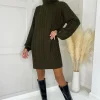 Olive Roll Neck Cable Knit Dress