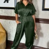Olive Satin Button Front Collared Tie Waist Jumpsuit