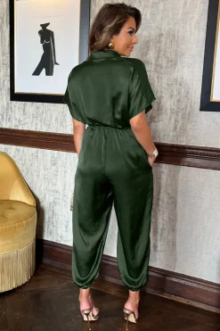 Olive Satin Button Front Collared Tie Waist Jumpsuit