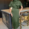Olive Satin High Neck Wrap Skirt Midi Dress