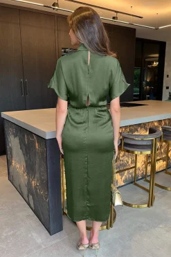 Olive Satin High Neck Wrap Skirt Midi Dress