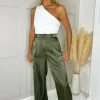 Olive Satin Straight Leg Cargo Pants