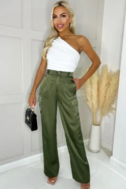 Olive Satin Straight Leg Cargo Pants