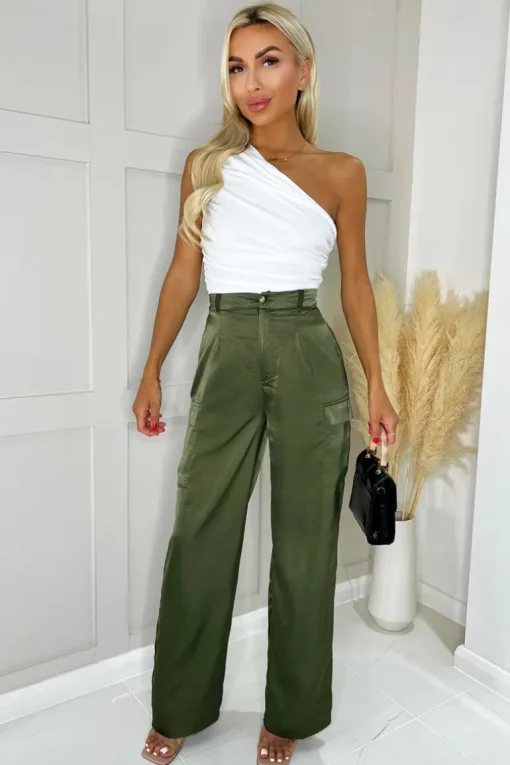Olive Satin Straight Leg Cargo Pants