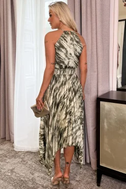 Olive Snake Print Racer Neck Zig Zag Hem Pleated Midi Dress