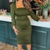 Olive Square Neck Ruched Midi Dress