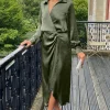 Olive Wrap Satin Shirt Midi Dress