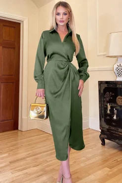 Olive Wrap Satin Shirt Midi Dress