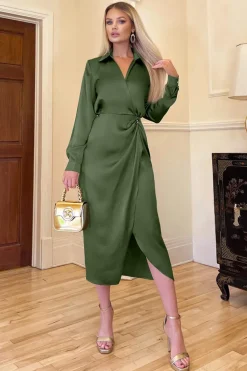 Olive Wrap Satin Shirt Midi Dress