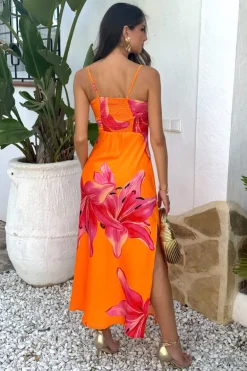 Orange And Pink Floral Print Strappy Slip Midi Dress