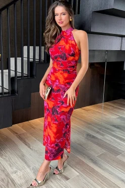 Orange And Purple Abstract Print Halter Neck Draped Waist Midi Dress