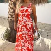Orange And White Tropical Print Shirred Straps Button Detail Midi Dress