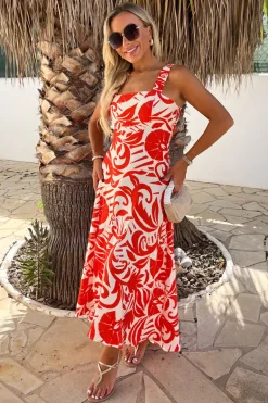 Orange And White Tropical Print Shirred Straps Button Detail Midi Dress