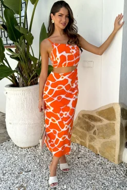 Orange Giraffe Print Asymmetric Cut Out Midi Dress