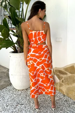 Orange Giraffe Print Asymmetric Cut Out Midi Dress