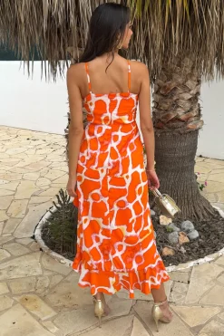 Orange Giraffe Print Racer Neck High Low Frill Hem Midi Dress