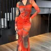 Orange Ombre Mesh Contrast Ruched Front Bodycon Midi Dress