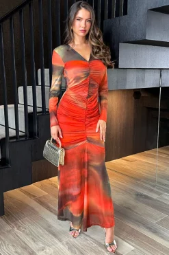 Orange Ombre Mesh Contrast Ruched Front Bodycon Midi Dress