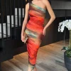 Orange Ombre Mesh One Shoulder Asymmetric Hem Ruched Midi Dress