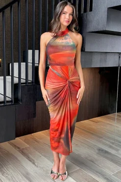 Orange Tie Dye Print Halter Neck Knot Skirt Mesh Midi Dress