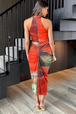 Orange Tie Dye Print Halter Neck Knot Skirt Mesh Midi Dress
