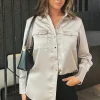 Oyster Satin Long Sleeve Gold Button Shirt