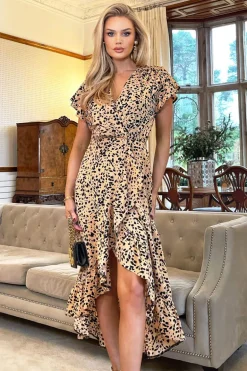 Peach And Black Printed Wrap Over Frill Hem Short Sleeve Midi Dress