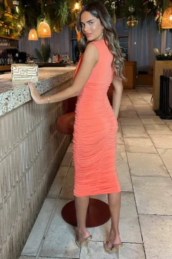Peach Ruched Bodycon Midi Dress