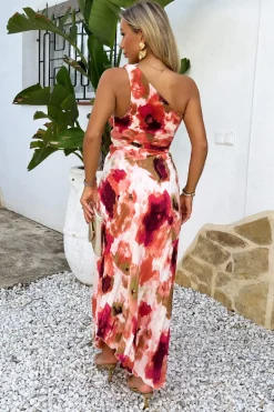 Peach Smudge Print One Shoulder Cut Out Pleated Midi Dress