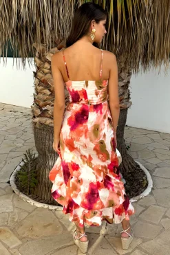 Peach Smudge Print Racer Neck High Low Frill Hem Midi Dress