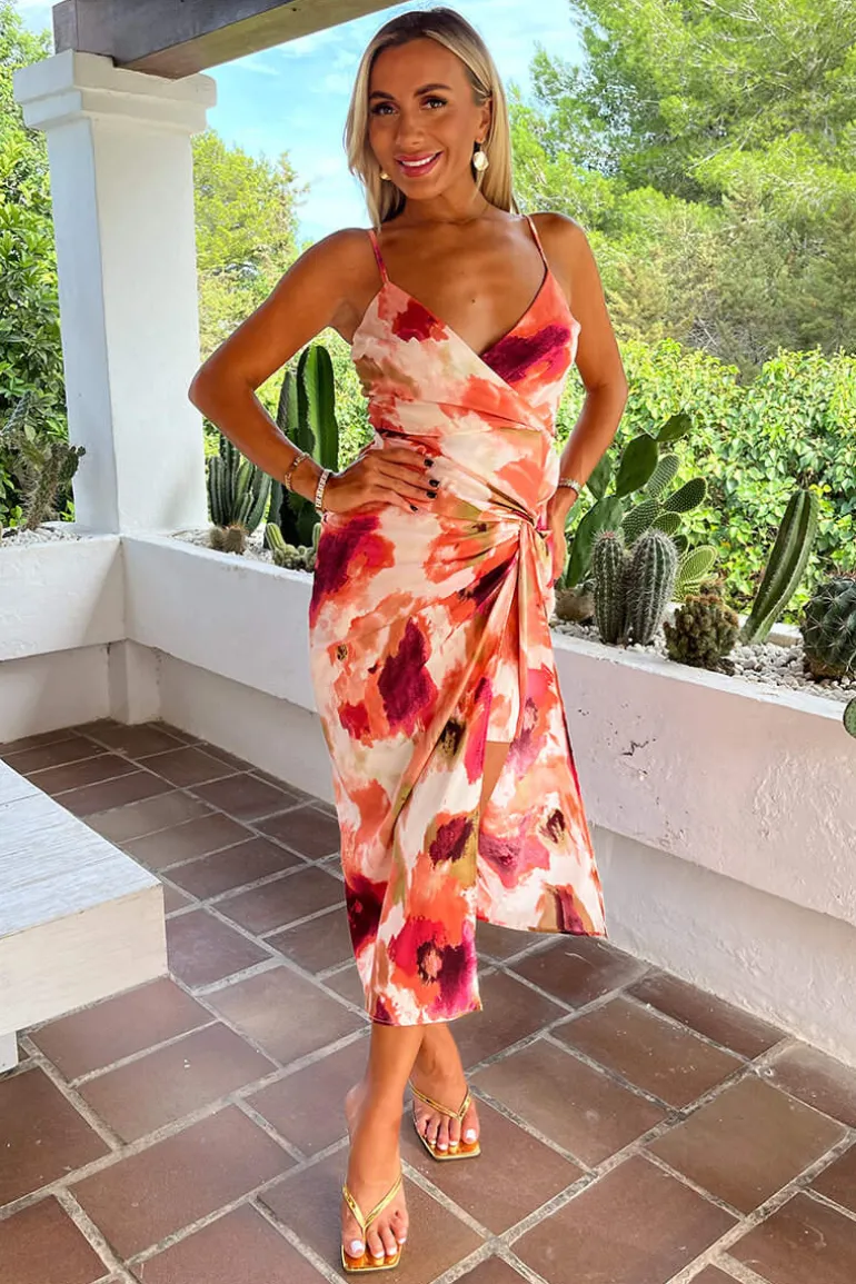 Peach Smudge Print Strappy Wrap Top Knot Skirt Midi Dress
