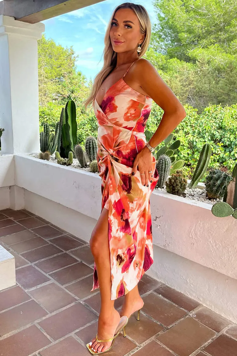 Peach Smudge Print Strappy Wrap Top Knot Skirt Midi Dress