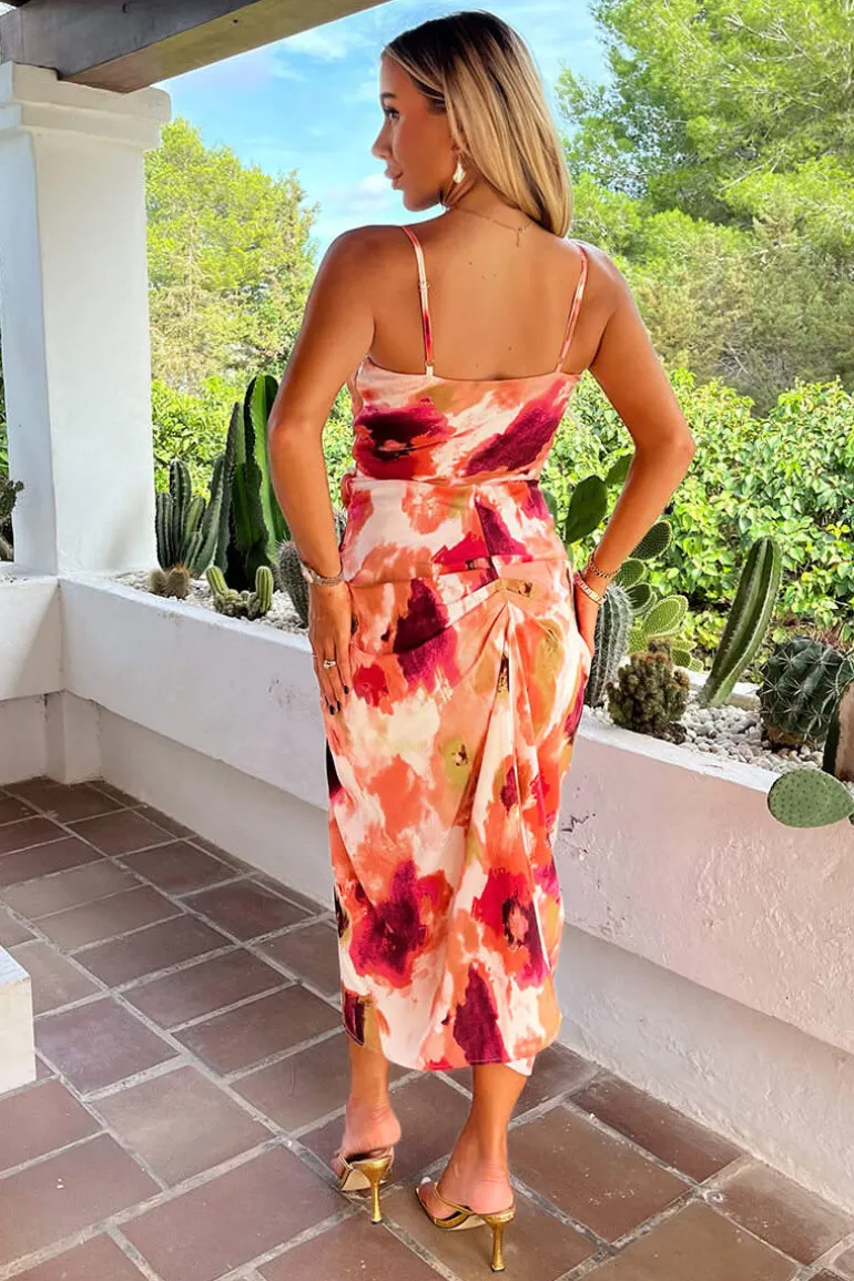 Peach Smudge Print Strappy Wrap Top Knot Skirt Midi Dress