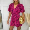 Pink And Black Printed Butterfly Sleeve Wrap Over Belted Playsuit