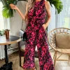 Pink And Black Printed Sleeveless Knot Front Jumpsuit