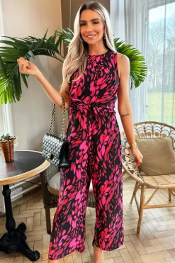 Pink And Black Printed Sleeveless Knot Front Jumpsuit