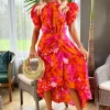Pink And Orange Floral Printed Short Puff Sleeve Gathered Side Midi Dress
