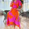 Pink And Orange Floral Print Belted Wrap Midi Dress