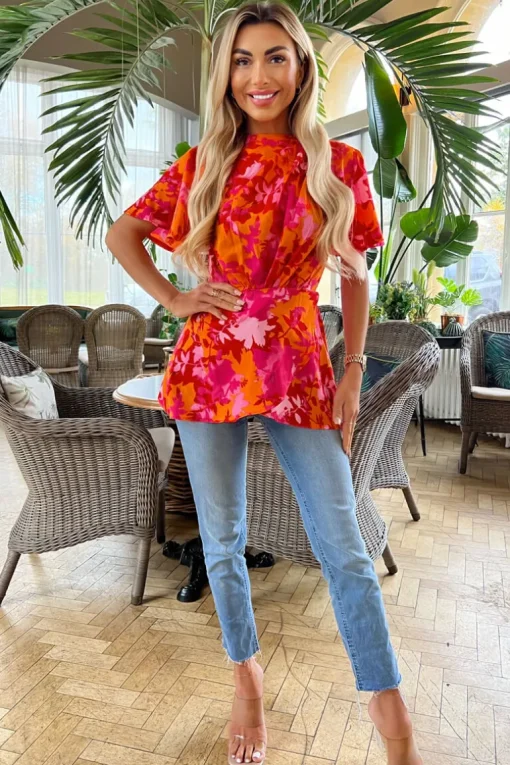 Pink And Orange Floral Printed High Neck Top