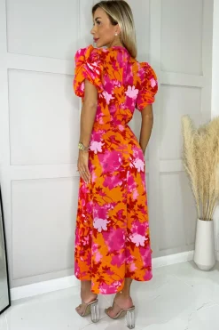 Pink And Orange Floral Printed Short Puff Sleeve Gathered Side Midi Dress