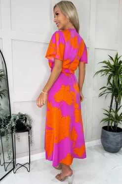 Pink And Orange Floral Print Belted Wrap Midi Dress