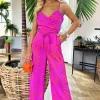 Pink and Orange Printed Wrap Top Tie Waist Full Length Jumpsuit