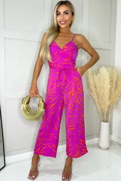 Pink and Orange Printed Wrap Top Tie Waist Full Length Jumpsuit