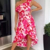 Pink Floral One Shoulder Frill Detail Dipped Hem Dress