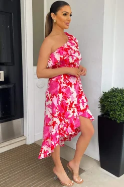 Pink Floral One Shoulder Frill Detail Dipped Hem Dress