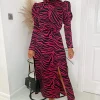 Pink Zebra Print Long Puff Sleeve Midi Dress