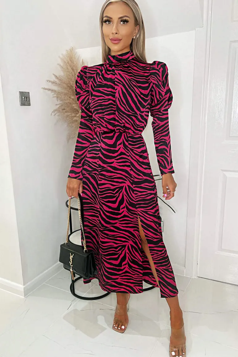 Pink Zebra Print Long Puff Sleeve Midi Dress
