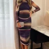 Plum Abstract Print Mesh Long Sleeve Bodycon Midi Dress