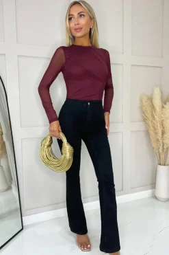 Plum Long Sleeve Pleat Detail Mesh Bodysuit